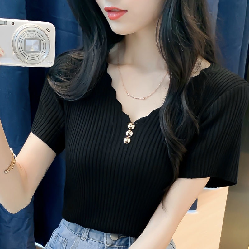Áo Tank Top Dệt Kim Cổ Chữ V Màu Trơn Dáng Ôm Thời Trang Cho Bạn Gái
