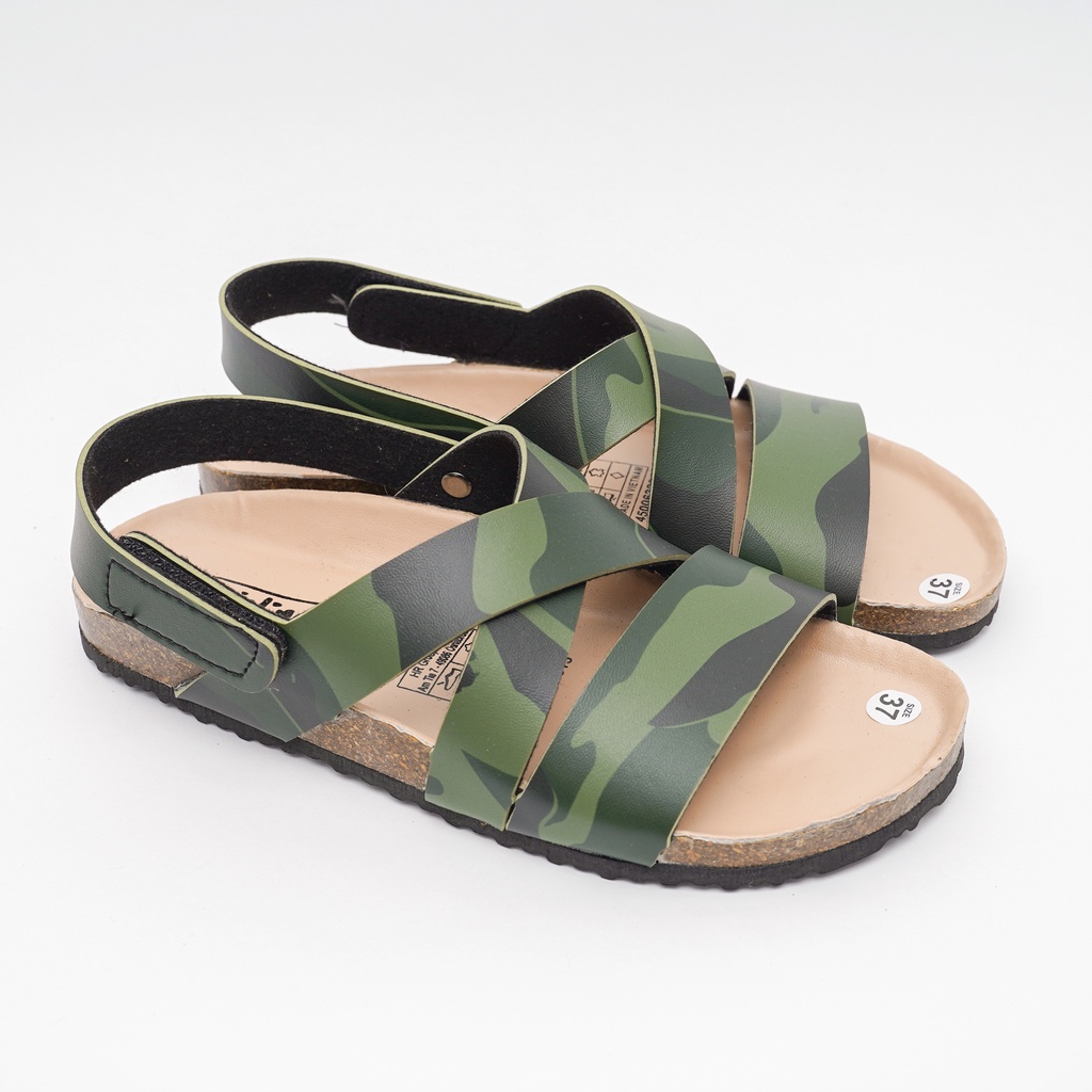 R21 - Sandal Birken Đế Trấu BIOLINE Camo Rằn Ri Unisex Nam nữ Quai Đan chéo chữ Z Da PU cao cấp