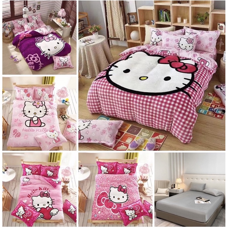 Bộ chăn ga nỉ nhung 3d hoạt hình mèo HELLO KITTY màu hồng