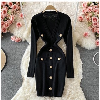 CÓ SẴN (Hàng quảng châu- -7 màu) Váy đầm body dệt kim cổ V nút đồngđầm len body cổ V đính nút ZM