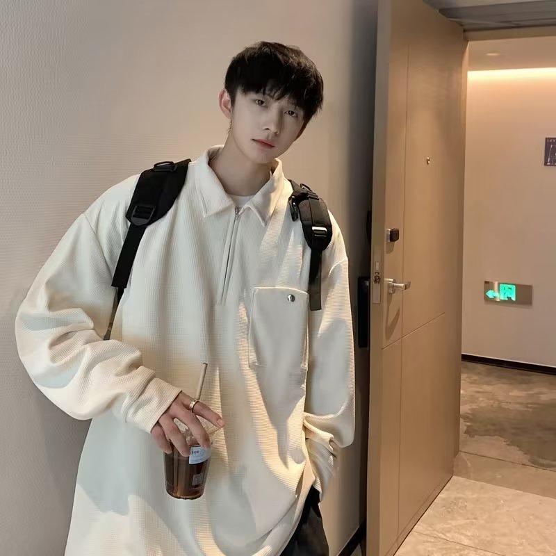 Áo Sơ Mi Polo Dáng Rộng Tay Dài Màu Trơn Đơn Giản Thời Trang Thu Đông Phong Cách Hàn Quốc Cho Nam