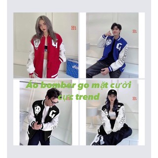 Áo bomber unisex go cười chất nỉ form rộng 3 màu đỏ, đen, xanh