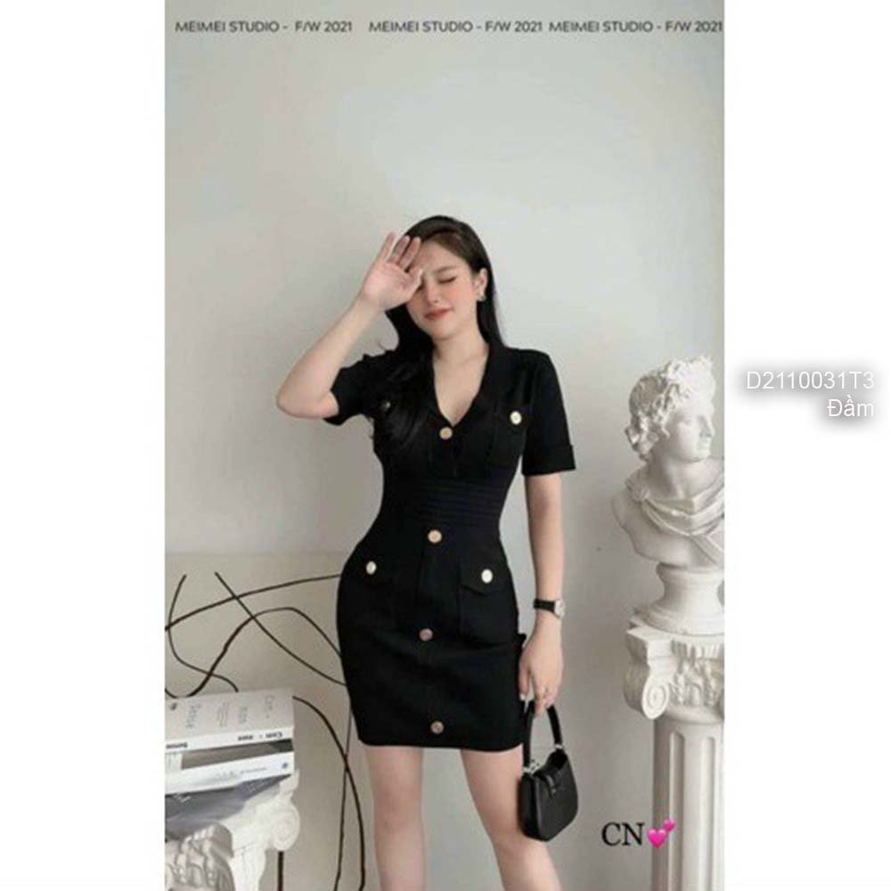 Đầm ôm body len cổ vest tay ngắn hàng QC..