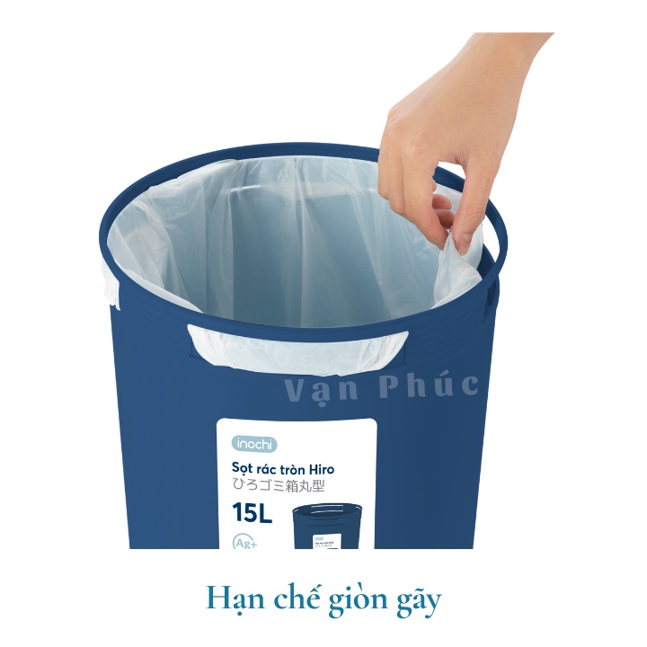 Sọt rác không nắp Hiro 15L Inochi chất liệu nhựa thân thiện, công nghệ ion Ag+ giúp kháng khuẩn khử mùi