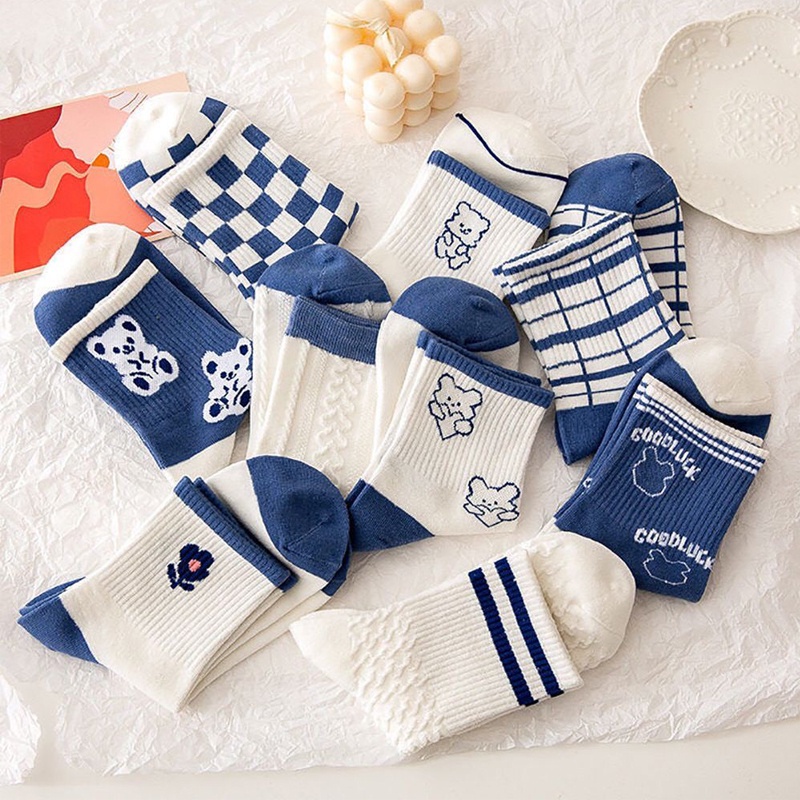 Tất cổ cao nam nữ tone xanh dương phong cách Hàn Quốc vớ cổ cao nữ nam họa tiết trẻ trung chất Cotton thấm hút tốt TD039