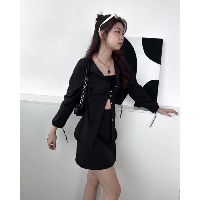 Set Áo Sơ Mi Dài Tay Cột Dây + Chân Váy Lưng Cao 2 Lớp - Minipie
