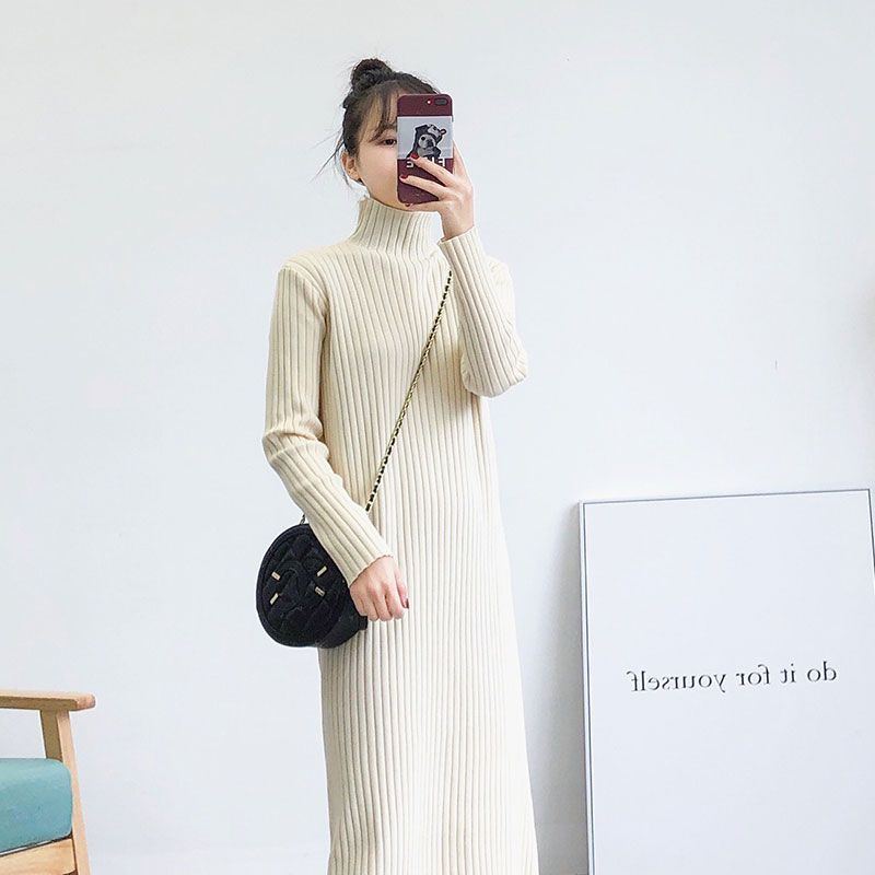 Áo Sweater Dệt Kim Cổ Cao Dáng Rộng Màu Đen Thời Trang Thu Đông Cho Nữ
