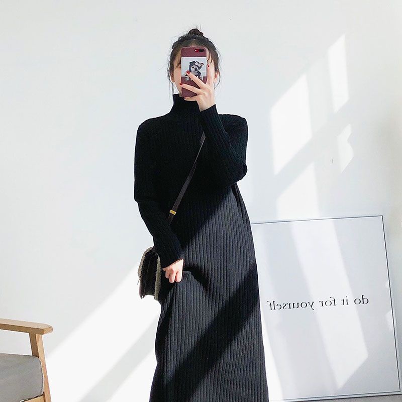 Áo Sweater Dệt Kim Cổ Cao Dáng Rộng Màu Đen Thời Trang Thu Đông Cho Nữ