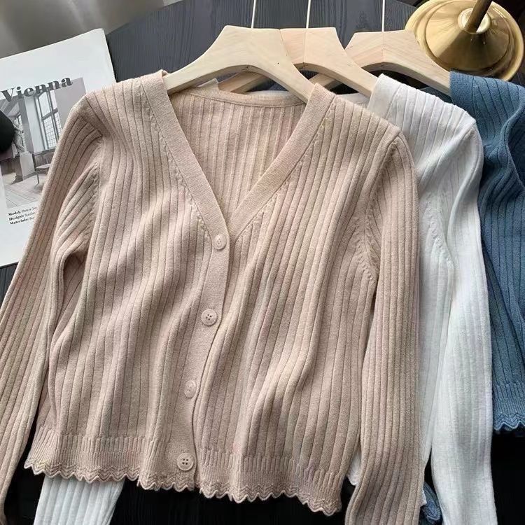 Áo Khoác Len Cardigan Dệt Kim Cổ V Nút Gân Tay Dài Gấu Răng Cưa Phong Cách Poho | Vui Vẻ Shop