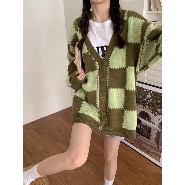 Áo khoác dệt kim nữ dài tay caro ziczac 2 màu, cardigan nữ chất len mềm mịn