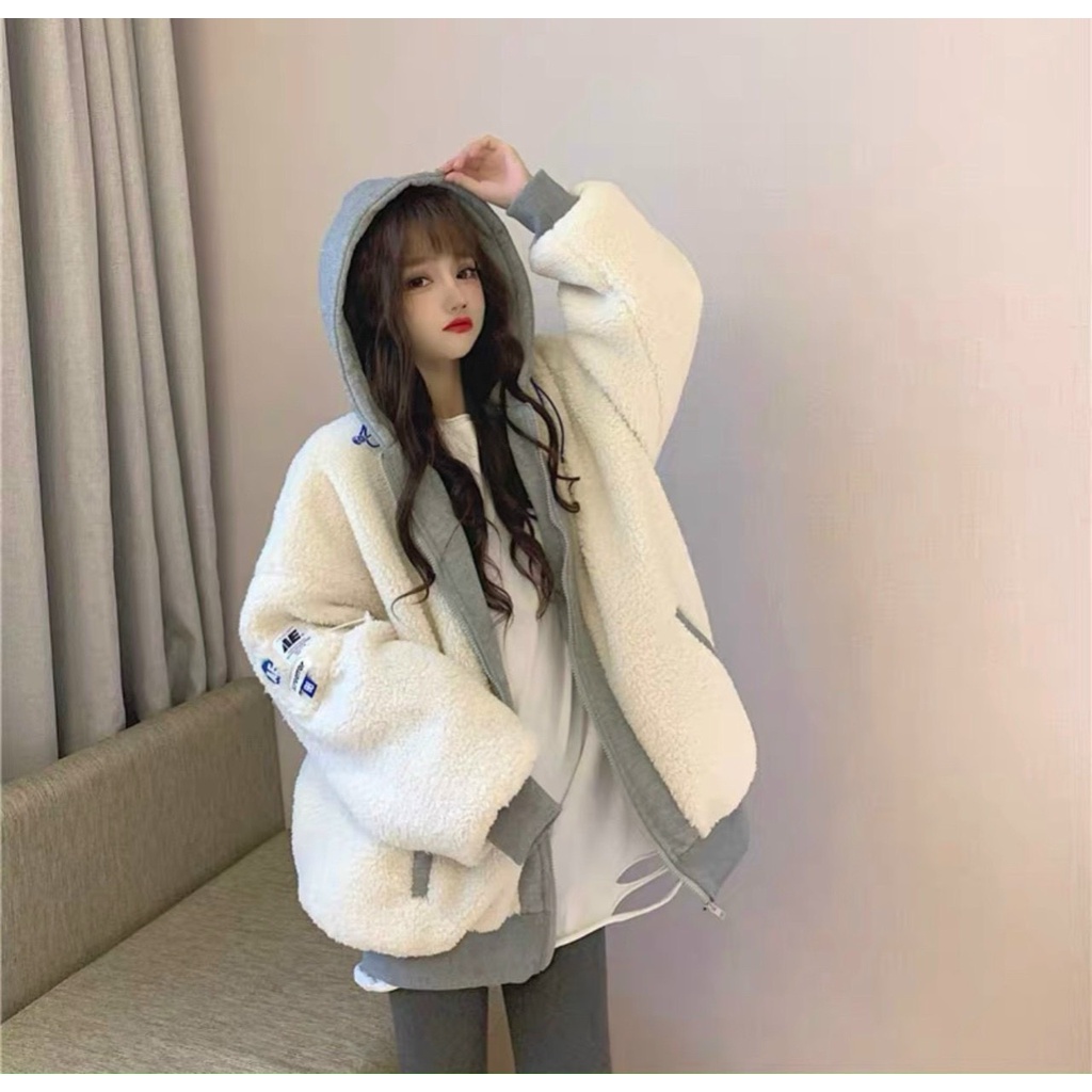 Áo Khoác Nữ, Áo Khoác Lông Phối Mũ Nỉ Logo Thêu phong cách Hàn/Hường khểnh Shop.