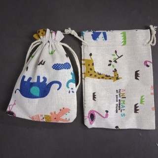 Túi vải bố linen có dây rút họa tiết vintage động vật voi hươu mèo dễ thương size 10x14cm
