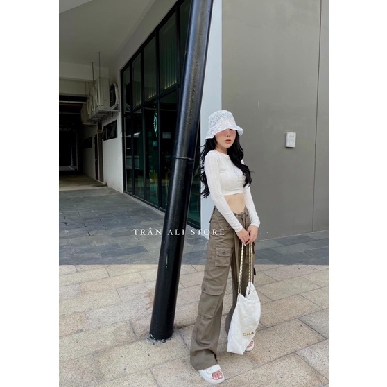 SÉT ÁO CROPTOP TAY DÀI + QUẦN TÚI HỘP KAKI