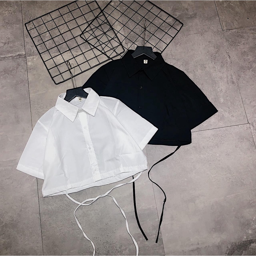 (MC)Áo sơ mi Tay Ngắn dáng croptop dây buộc quấn eo alohashop91