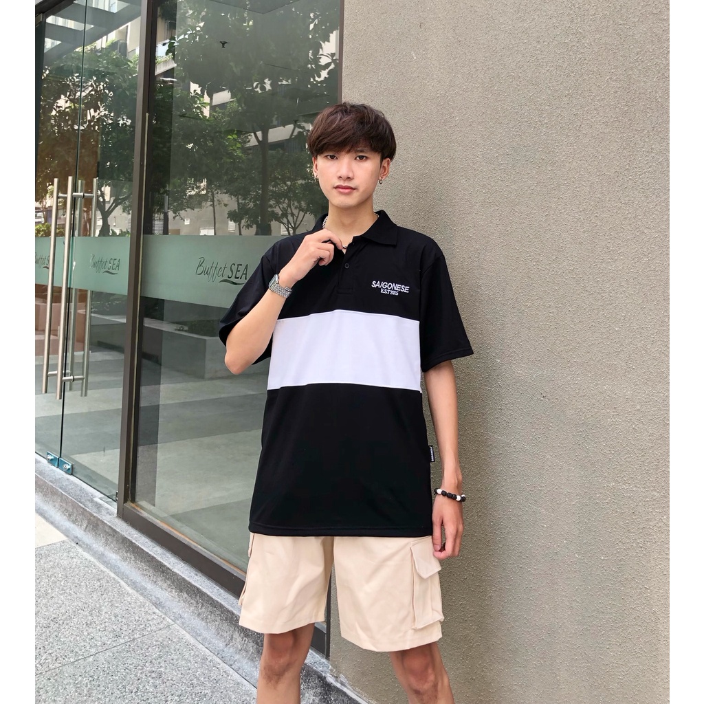 Áo Polo Unisex SAIGONESE Nam Nữ Form Rộng / Đen Sọc Trắng