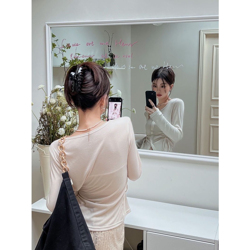 Áo Thun Dài Tay Cổ Tròn Phối Dây Rút Thời Trang Cho Nữ