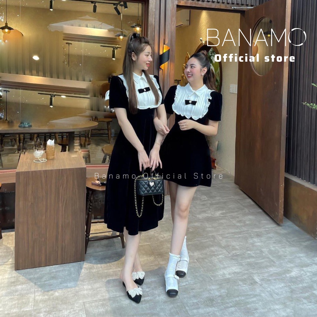 Váy nhung chính hãng Banamo Fashion đầm nhung đen cổ nơ pha bèo trắng tiểu thư 556 | BigBuy360 - bigbuy360.vn