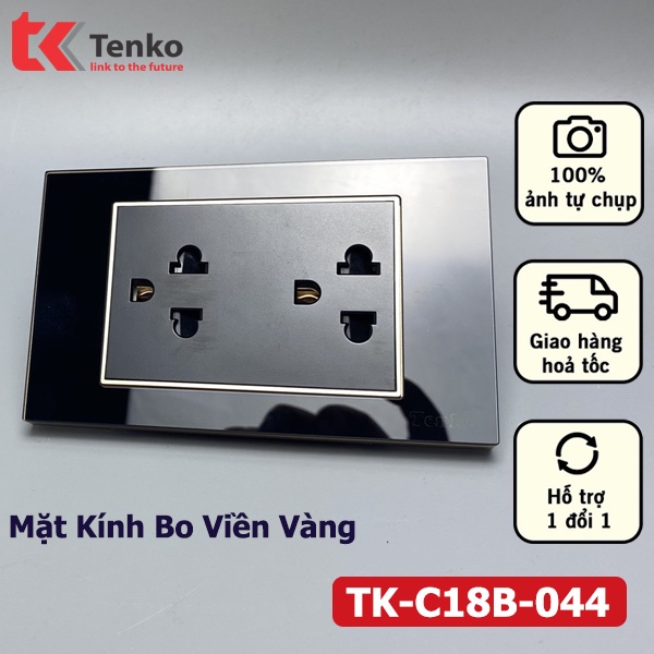 Ổ Cắm Đôi 3 Chấu Âm Tường Cao Cấp Mặt Kính Cường Lực Màu ĐEN bo viền VÀNG Thương hiệu Nhật Bản TK-C18B-044