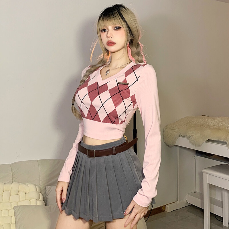 Kliou 2023 Mới Áo thun crop top Kliou tay dài cổ chữ V in họa tiết caro phong cách Hàn Quốc ngọt ngào thời trang 2022 mới cho nữ