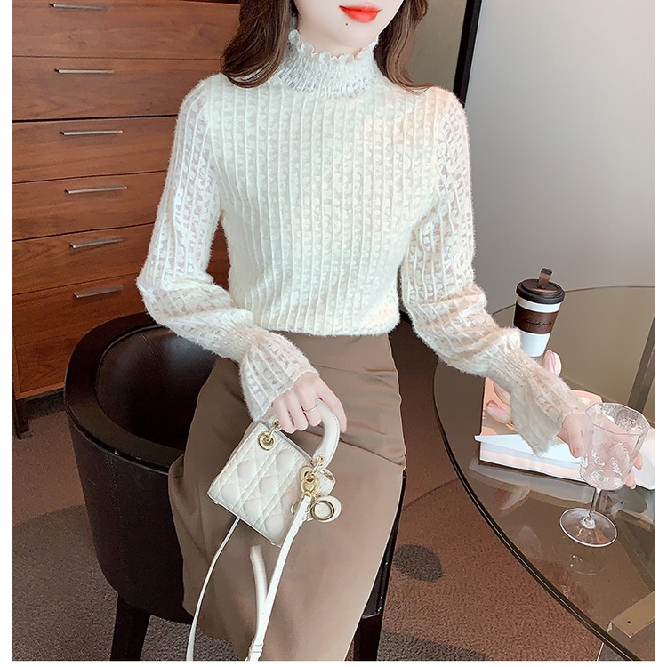 Áo Sơ Mi Tay Dài Ống Loe Phối Ren Phong Cách Hàn Quốc Thời Trang Mùa Đông Cho Nữ