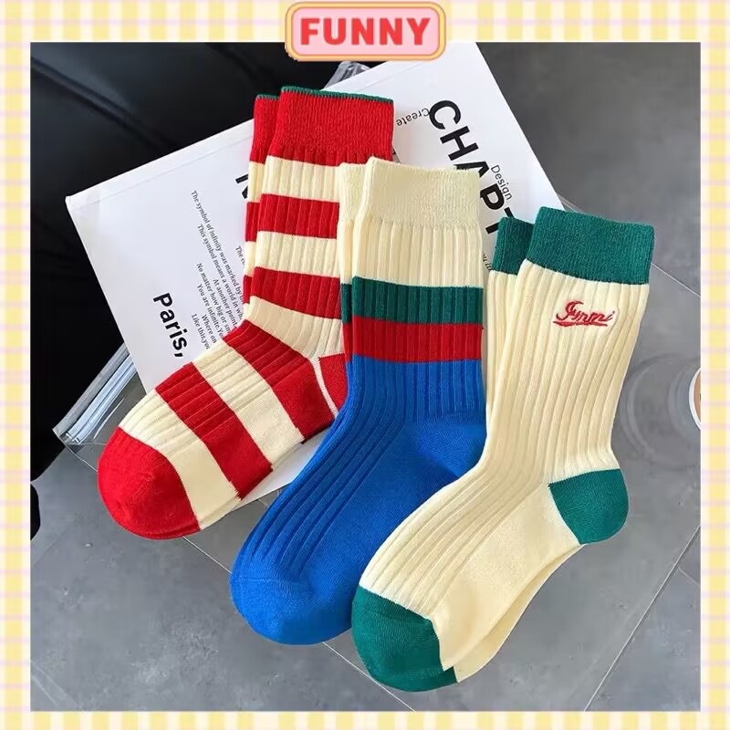 Tất Vớ cotton Cổ Vừa Ghép Vải Họa Tiết Kẻ Sọc Phối Màu Phong Cách Châu Âu Thời Trang Cho Nữ