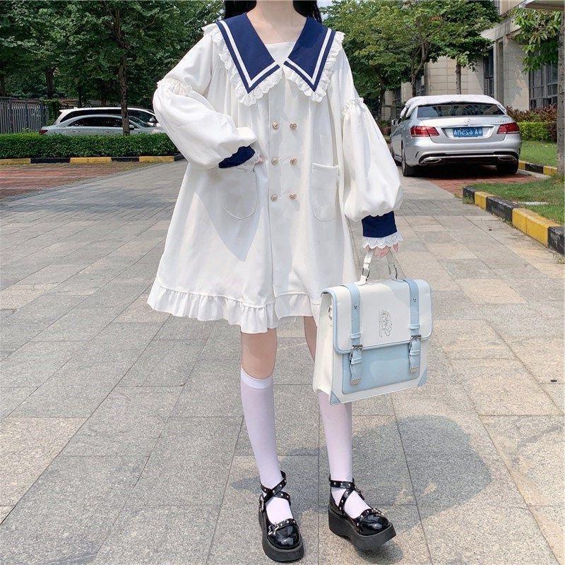 Đầm Tay Dài Cổ Thủy Thủ Dễ Thương Phong Cách Nhật Bản Cho Nữ
