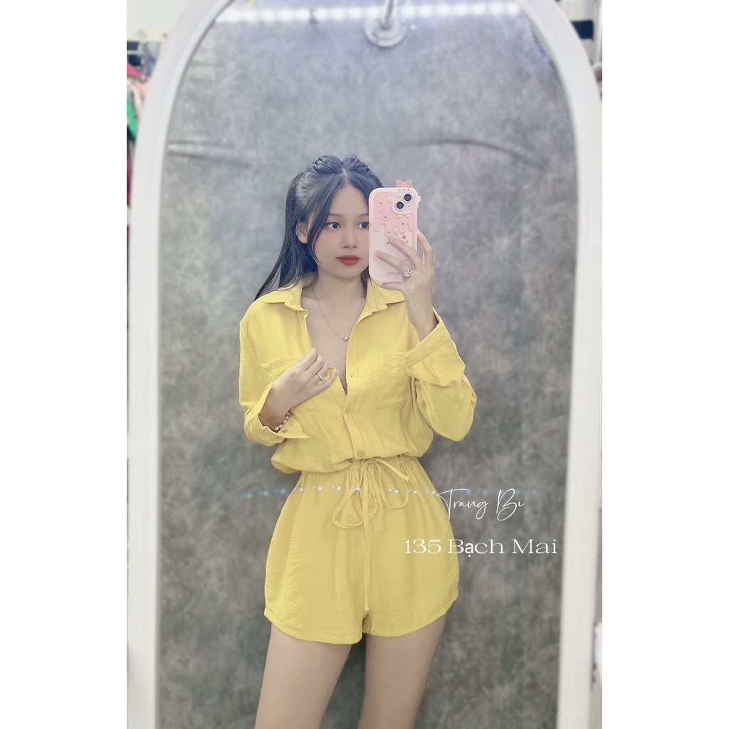 Jumpsuit đùi thiết kế Áo sơ mi dài tay, dây rút eo tôn dáng, style nhã nhặn, sang chảnh, màu vàng tôn da