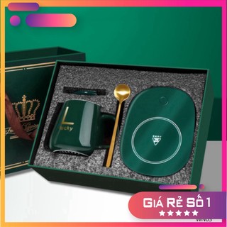 Cốc Hâm Nóng LucKy , Bộ ly sứ kèm đế điện hâm nóng trà, cafe, hâm sữa + Tặng kèm thìa vàng, hộp sang trọng ..
