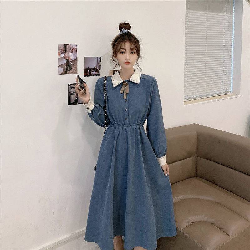 Váy babydoll Đầm Chữ A Tay Dài Ôm Eo Màu Sắc Tương Phản Phong Cách Pháp Cổ Điển Thời Trang Mùa Đông 2020 Cho Nữ