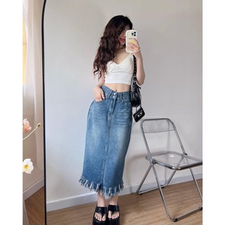 Chân váy midi jeans line tua rua