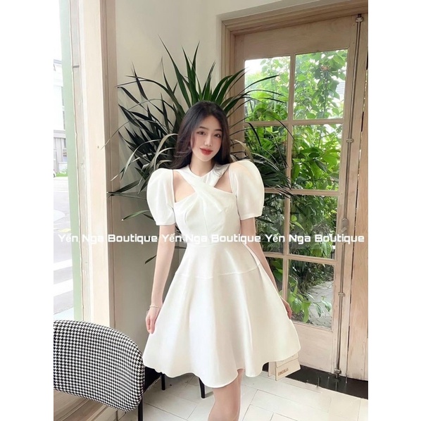 Đầm tay phồng xoắn ngực 3 màu , Đầm cổ yếm 3 màu dáng xòe cực xinh phối ống tay phồng☘️☘️☘️☘️GB8777