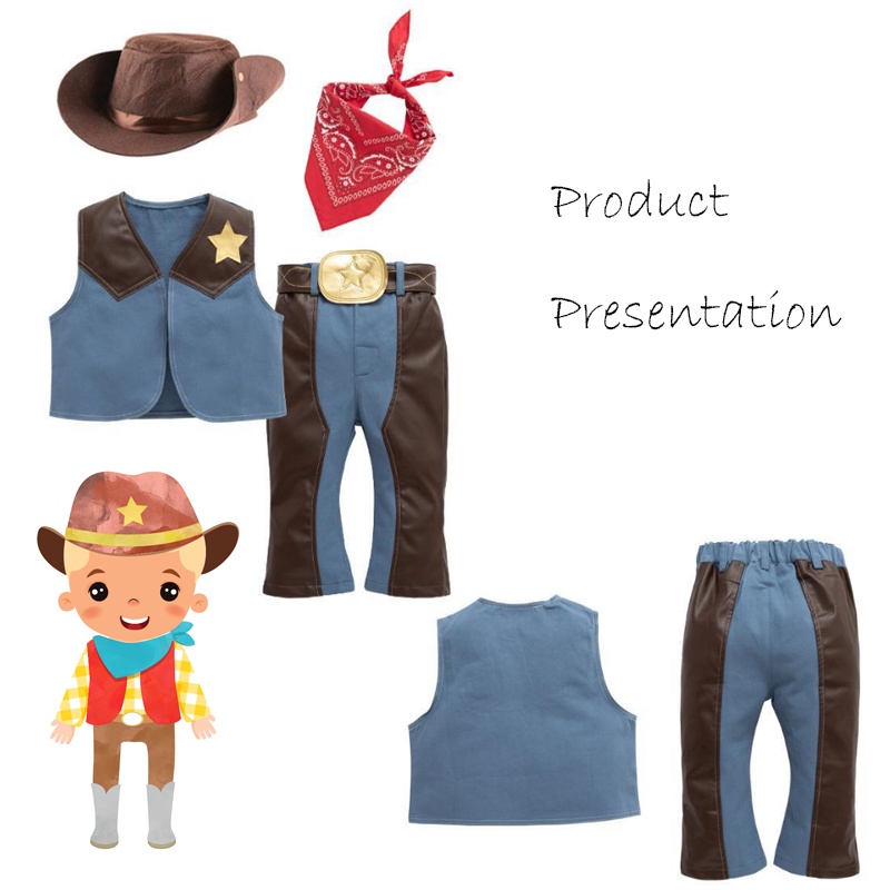 Infant Baby Boys Cowboy Carnival Clothes Set Sunsuit Cotton Shirt Long Pants Scarf Hat Set Kids Children Outfit Suit Halloween Costume Birthday Gift