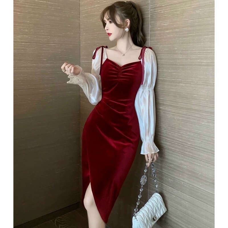 HÀNG NHẬP - ĐẦM BODY NHUNG TAY DÀI PHỐI LỤA CAO CẤP