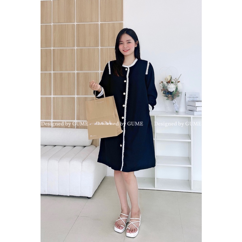 Váy bầu bigsize - Đầm bầu thiết kế GuMe màu ĐEN SUÔNG vải tuyết mưa cao cấp, phối ren, đính cúc ngọc sang chảnh- MB271