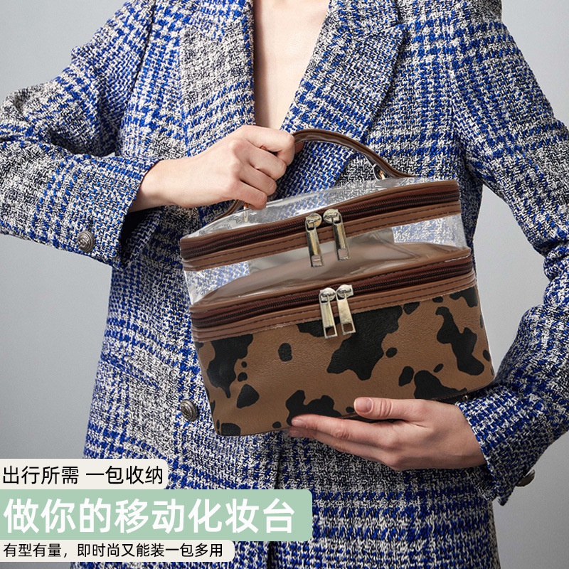 Túi Đựng Mỹ Phẩm Da PU Hai Lớp Chống Thấm Nước In Họa Tiết Bò Sữa