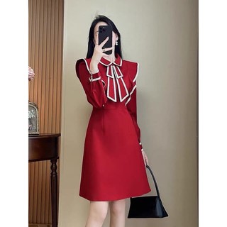 Đầm nữ dự tiệc đỏ tay dài bèo nơ cổ viền trắng Rossy Fashion - SR155