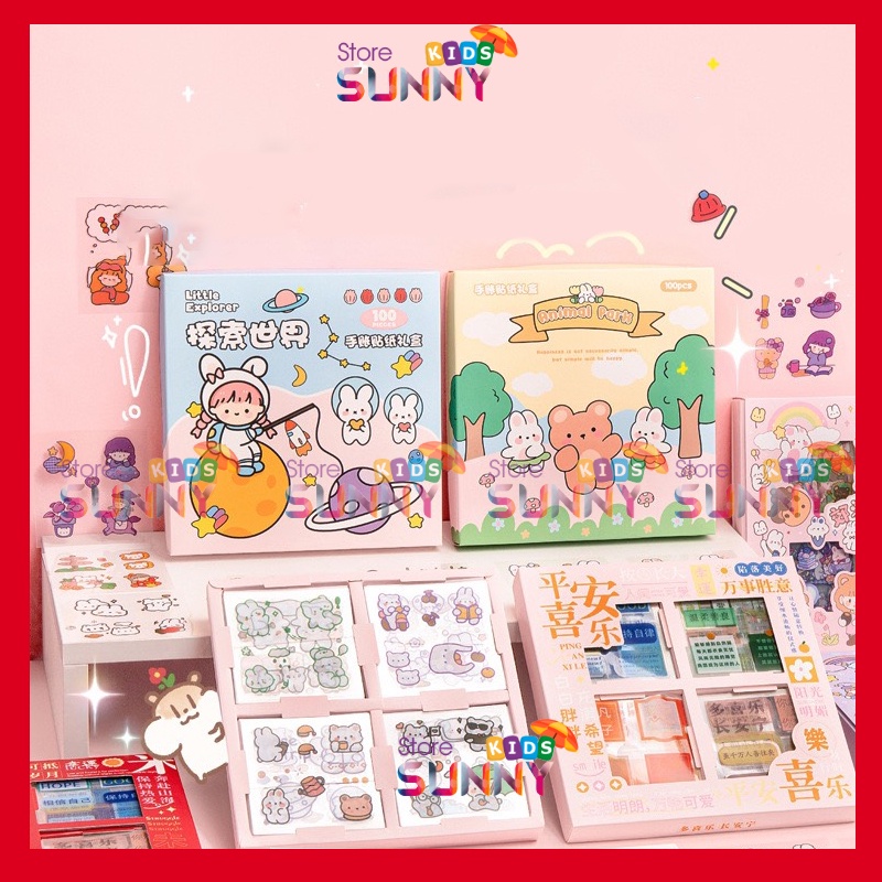 ☘️HOT☘️Bộ 1000 sticker cute = 100 tấm dễ thương dán trang trí sổ. điện thoại. cốc , laptop .. có hộp