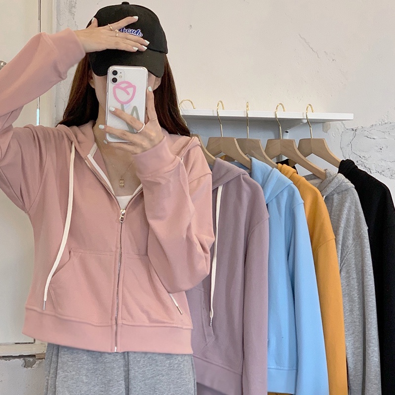 Áo khoác hoodie SUXI thể thao tay dài màu sắc đơn giản dễ phối đồ cho nữ