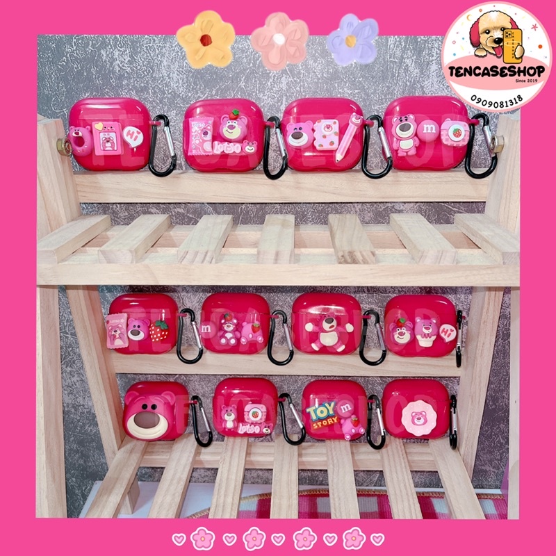 Vỏ bọc tai nghe air pod chất bóng hồng neon kèm hoạ tiết gấu dâu lotso cute 12 mẫu