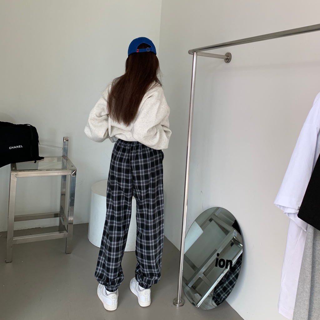 SUXI Quần Dài Lưng Cao Dáng Rộng Họa Tiết Sọc Caro Thời Trang Thu Đông Cho Nữ