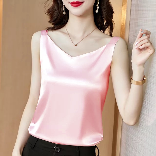 Áo nữ hai dây cổ tim mặc trong vest dễ thương chất vải lụa satin Hàn Quốc thoáng mát khi mặc VannhShop AO0003