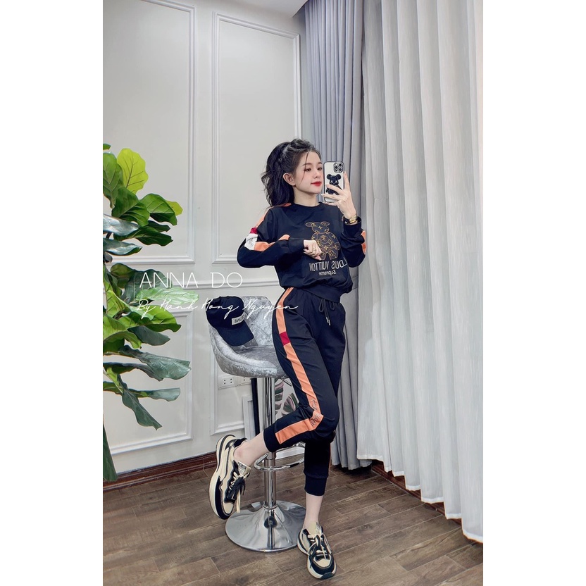 [11.11 Sale Freeship] Set bộ thể thao nữ,set áo tay dài cổ tròn in hình gấu quần dài ống túm phối viền nhiều màu sắc