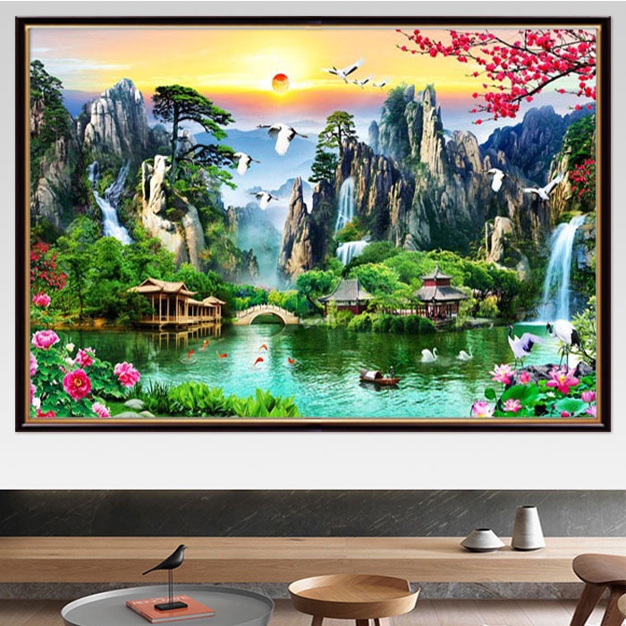 Tranh 3D ốp tường In Vải Lụa Kim Tuyến, Tranh Sơn Thủy Hữu Tình, Tranh phong thủy tô điểm phòng tiếp đón khách - 2570ttn