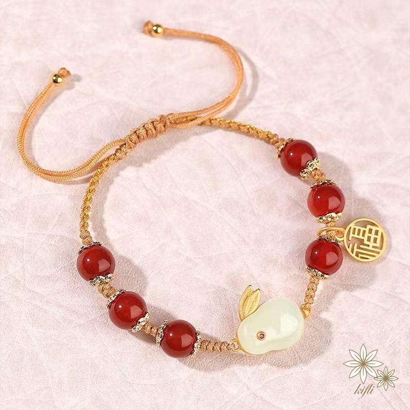 Hetian Yufurui Vòng Tay Bện Dây Đính Hạt Ngọc Bích Hình Thỏ Làm Quà Tặng Cho Bạn Gái