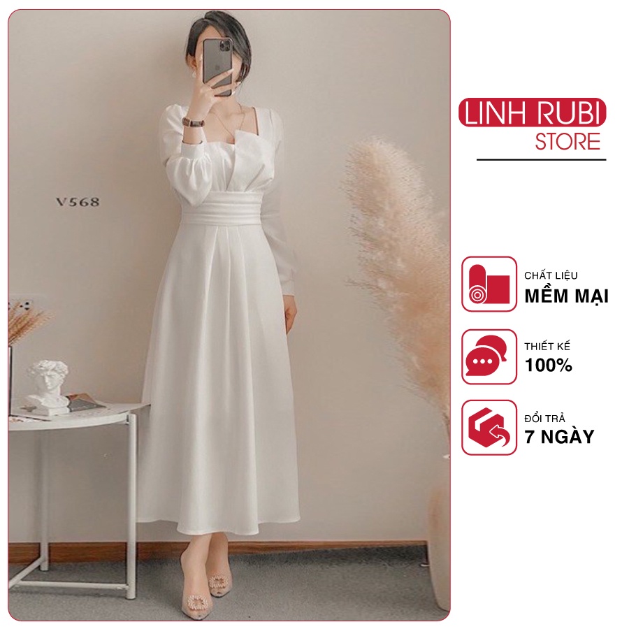 Đầm dáng xòe tay dài cổ xếp li cách điệu chất tuyết mưa dày dặn đi dự tiệc RUBI V041