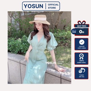 Đầm Xinh Du Lịch Cổ V Tay Ngắn Xoắn Ngực Phối Nút Dọc Thân Đầm Nữ Tính Thanh Lịch Màu Xanh - DX428