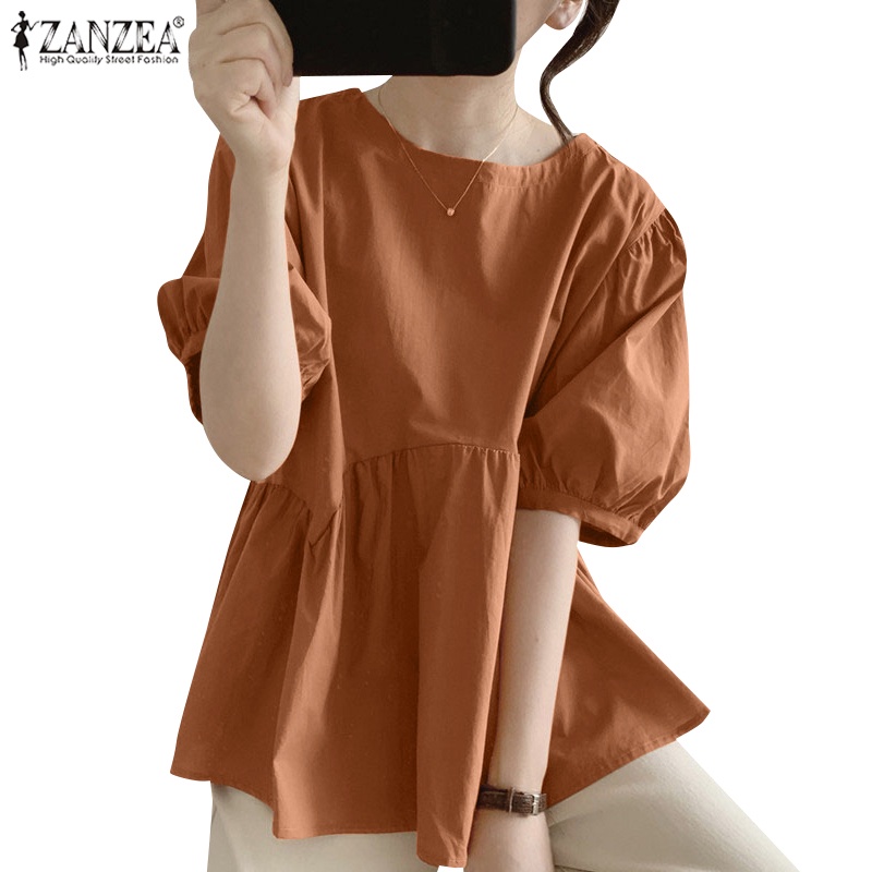Zanzea Áo Cotton Tay Phồng Màu Trơn Thời Trang Dành Cho Nữ