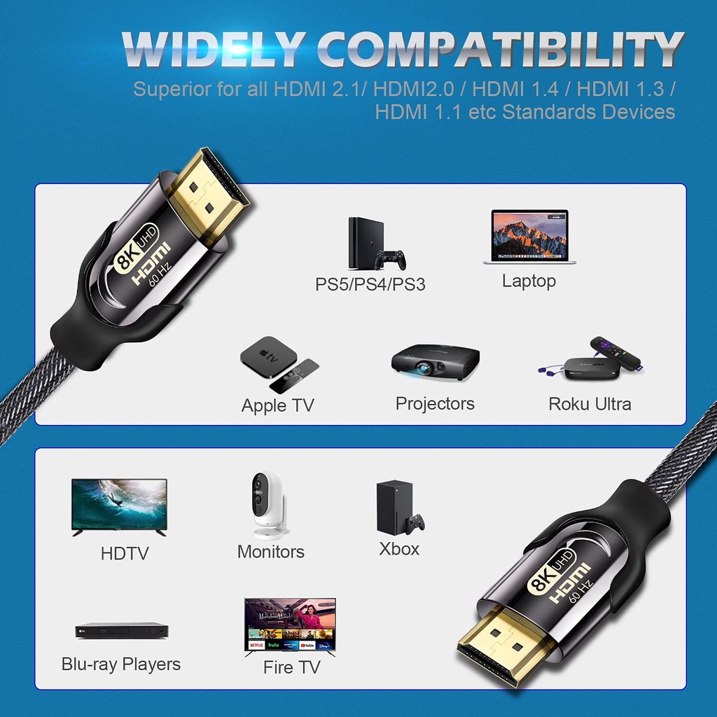 Dây HDMI 2.1 8K UHD 48Gbps ID H2H211 Bện Lưới, Đầu Metal Mạ Vàng Cao Cấp - BH 24T Chính Hãng