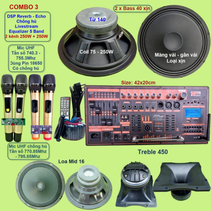Mạch loa kéo 4 tấc đôi 2 kênh 250W + 250W DSP Reverb Echo Livestream có chống hú Equalizer 5 Band treble 450 4 tay micro