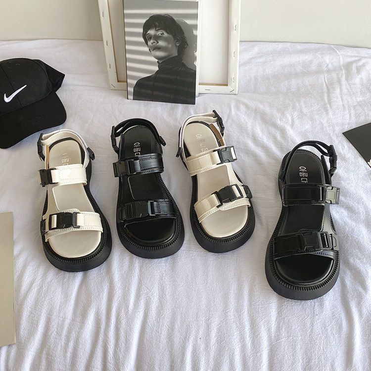 Giày Sandal Thể Thao Đế Dày Mũi Tròn Màu Trắng Đen Thời Trang Mùa Hè 2022 Cho Nữ